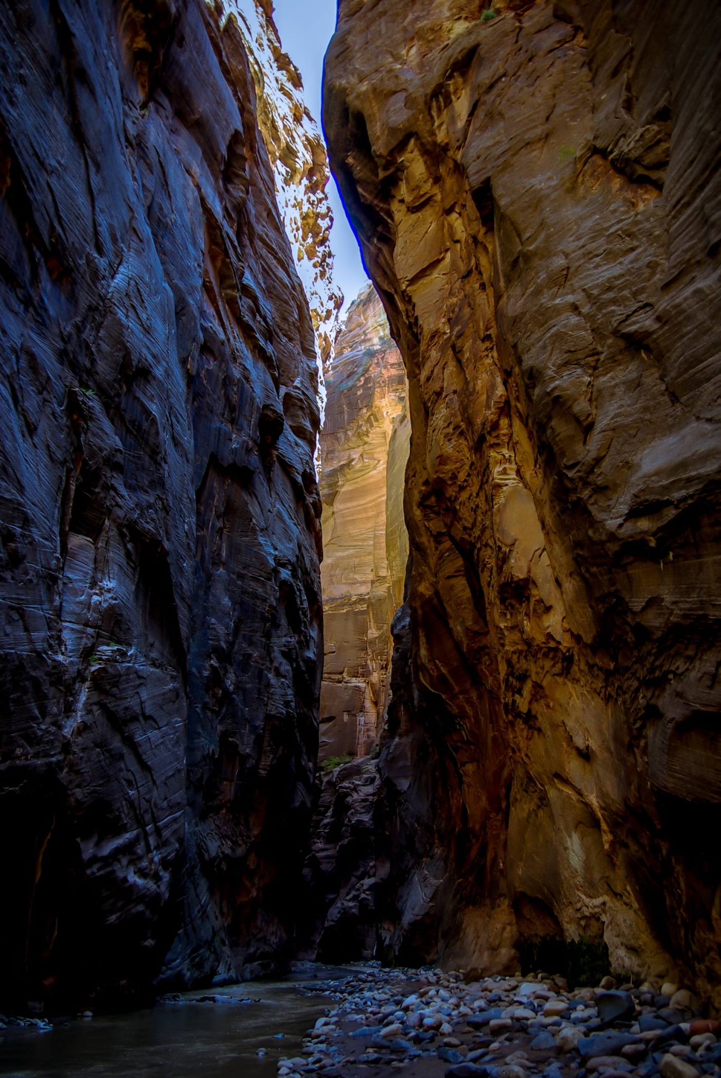 Tall Walls Of Virgin River Narrows In Zion National Park, UT