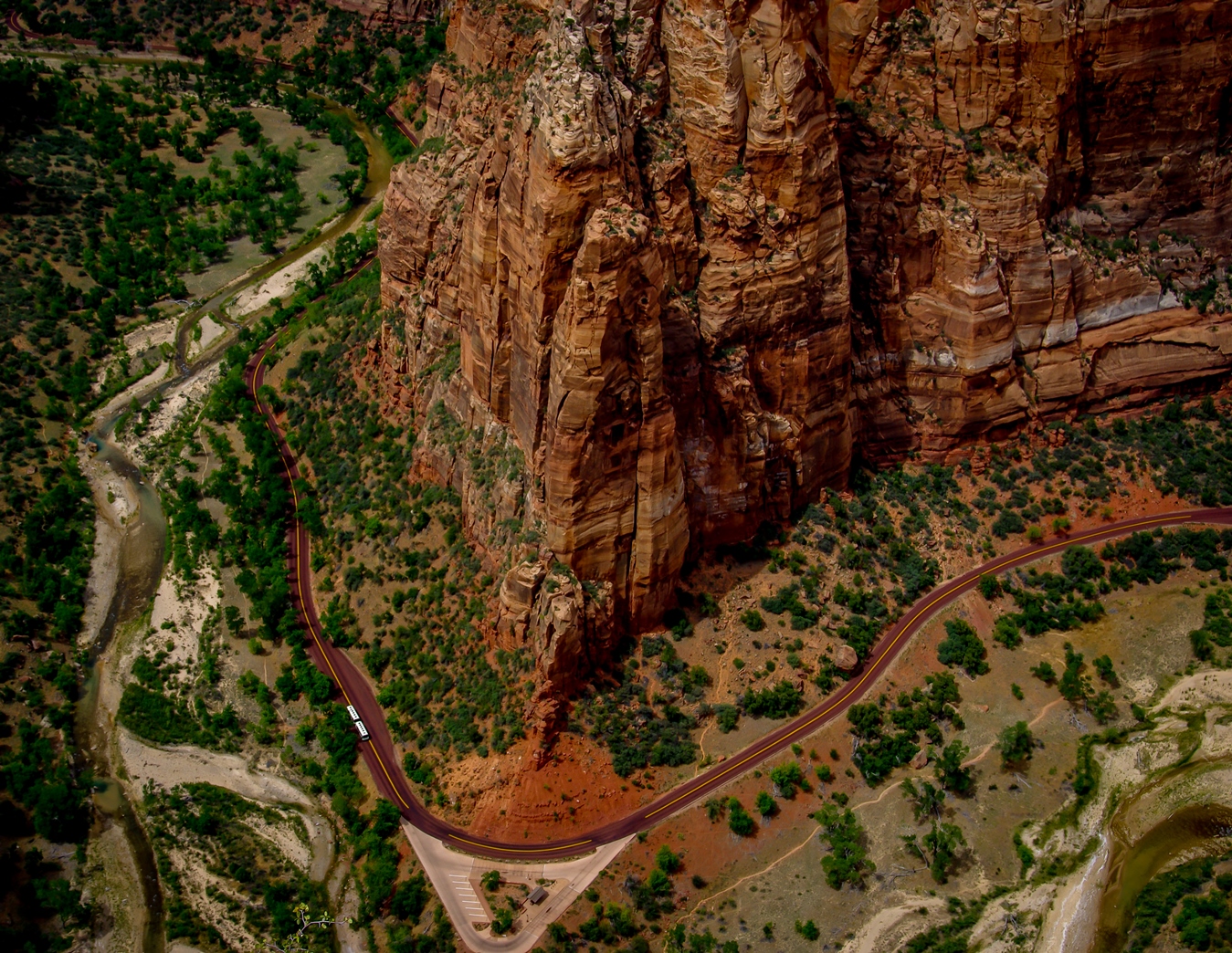 Look From Angels Landing Trail Down To Big Bend In Zion National Park, UT