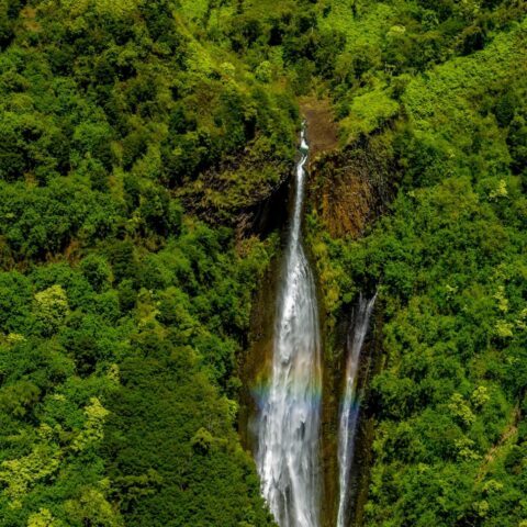 Rainbow At Manawaiopuna Falls During Blue Hawaiian Helicopter Ride Over Kauai Island, HI