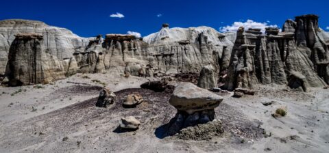 Chubby Toadstool In Front Of Big Hoodoos In Bisti Wilderness, NM