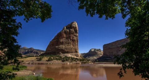 Framed Look At Steamboat Rock In Echo Park In Dinosaur National Monument, Canyon Section, CO