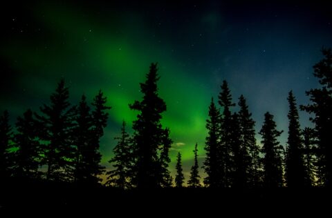 Aurora Borealis and Full Moon, Madeline Lake, Yellowknife, NT