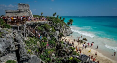 Beach and Mayan Tower In Tulum Archaeological Site, Quintana Roo, Mexico