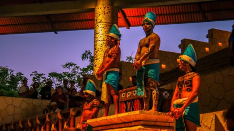 Performers In Waiting for Mayan Culture show to begin, Xcaret Quintana Roo, Mexico