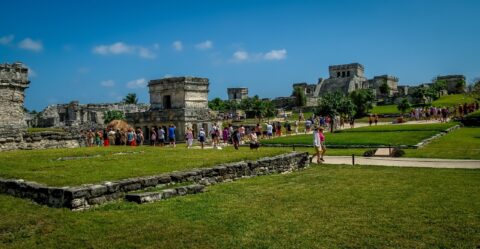 Tourists In Tulum Archaeological Site, Quintana Roo, Mexico