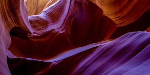 Stone Waves From Yellow To Purple In Lower Antelope Canyon, AZ
