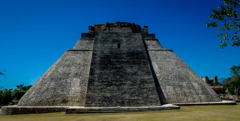 Front View At Pyramid of the Magician In Uxmal Archaeological Site In Yucatan, Mexico