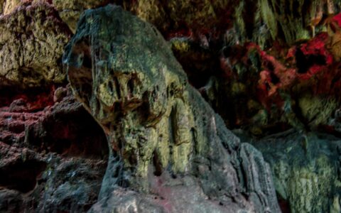 Lion Sculpture In Lol-Tun Caves In Yucatan, Mexico