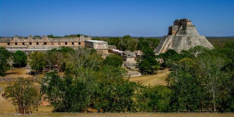 Look From Distance To Uxmal Archaeological Site In Yucatan, Mexico