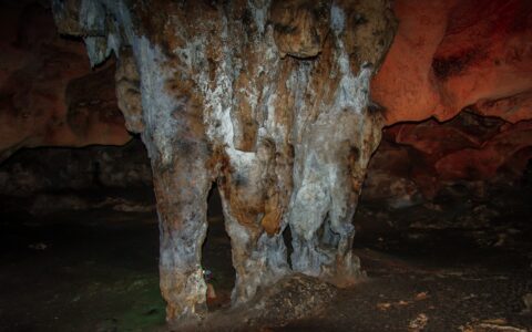 Three Stalagmites In Lol-Tun Caves In Yucatan, Mexico