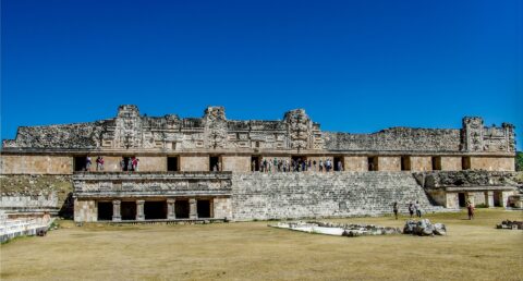 Tourists At House of the Governor In Uxmal Archaeological Site In Yucatan, Mexico