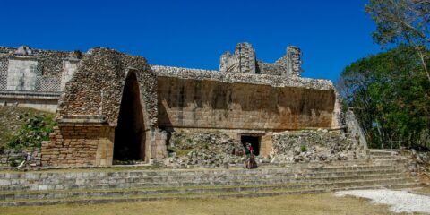 Tourists At Mayan Ruins In Uxmal Archaeological Site In Yucatan, Mexico