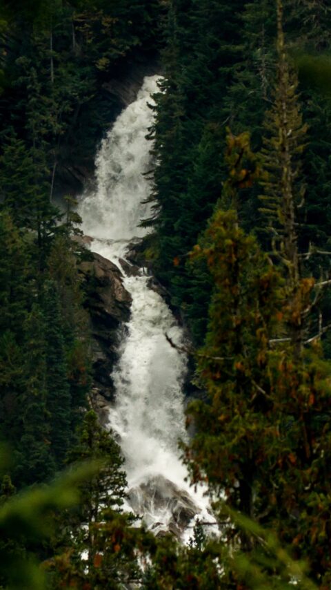 Pyramid Creek Falls Across North Thompson River Along Highway 5 Near Blue River, BC