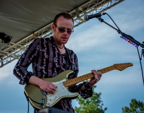 Joe Gooch Adjusts Tone In His Guitar Solo With Ten Years After On Blues Farm Stage During Heroes Of Woodstock Tour In Winthrop, WA