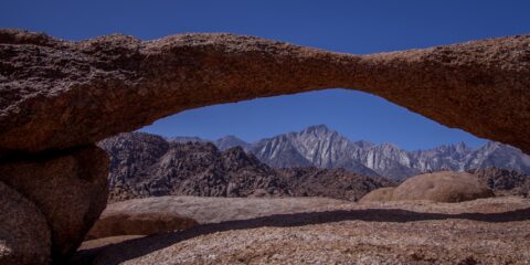 Look At Mount Whitney Through Lathe Arch In Alabama Hills, CA