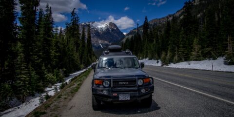 FJ On Rainy Pass With Snow On Both Sides Of The Road In North Cascades National Park, WA