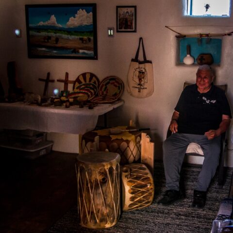 Pueblo Indian Drummer At Home In Taos Pueblo, New Mexico