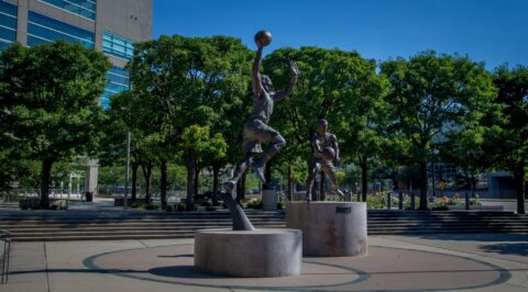 Statues Of Karl Malone And John Stockton In Front Of Arena Where Utah Jazz Play, Salt Lake City, UT