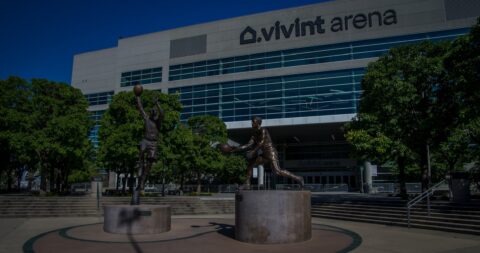 Karl Malone And John Stockton Statues In Front Vivint Arena In Salt Lake City, UT