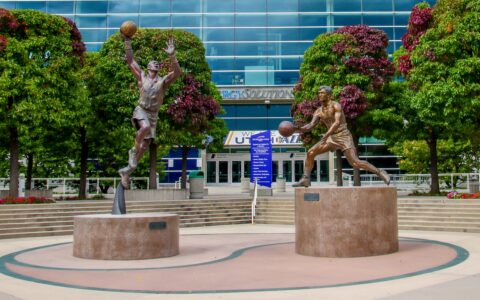 Statues Of Karl Malone And John Stockton Where Utah Jazz Plays In Salt Lake City, UT