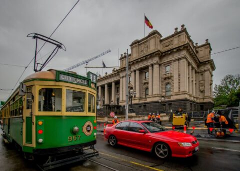 Free City Circle Tram In Front Of Parliament Of Victoria In Melbourne, VIC, Australia