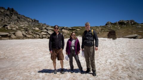 Milosh, Ognjenka And Ranko On Snowy Patch Of Trail On Mount Kozhushko, Australian Alps, NSW, Australia
