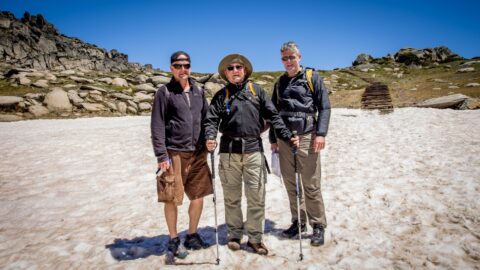 Milosh, rrasha And Ranko On Snowy Patch Of Trail On Mount Kozhushko, Australian Alps, NSW, Australia