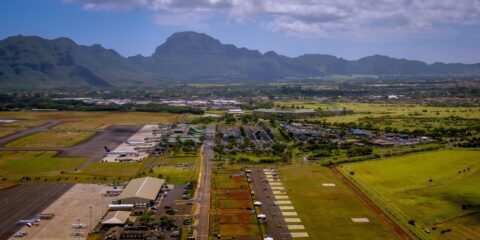 Blue Hawaiian Helicopter Take Off From Lihue Airport for A Flight Over Kauai Island, HI