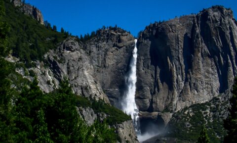 Look From Distance At Yosemite Falls In Yosemite National Park, CA