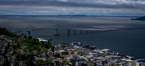 Look From Thee Astoria Column At Columbia River Mouth And Astoria-Megler Bridge, Astoria, OR