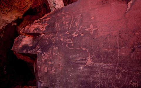 Partly Vandalized Petroglyphs On Atlatl Rock In Valley Of Fire State Park, NV