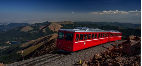The Broadmoor Manitou and Pikes Peak Cog Railway Leaving Pikes Peak Summit, CO
