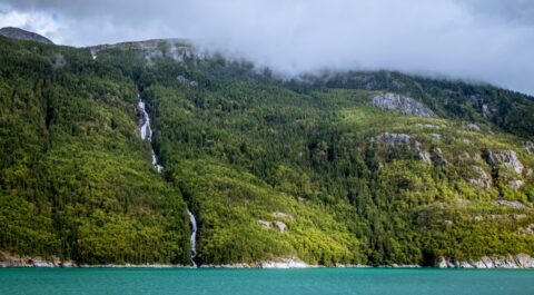 Big Waterfall On The South Side Of The Taiya Inlet, Fjord Near Skagway, AK