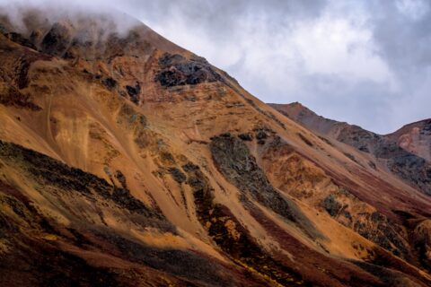 Colorful Hillside In The Cloud At Polychrome Pass In Denali National Park, AK