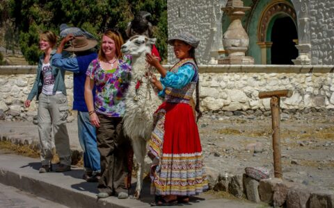 Eagles And Llama Posing In Front Of Church In Maca, Colca Canyon, Peru