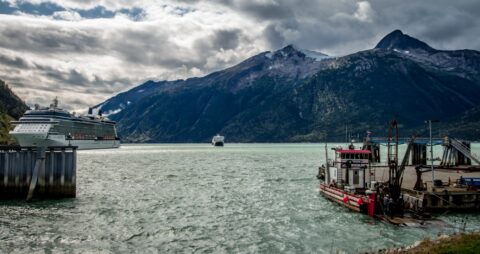 Ferry From Haines Is Approaching The Harbor In Skagway, AK