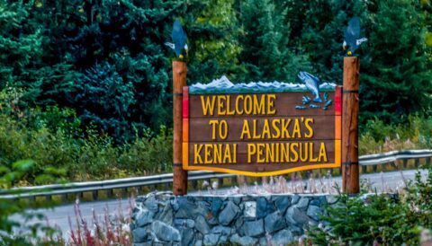 Kenai Peninsula Welcome Sign On The Seward Highway Near Portage, AK