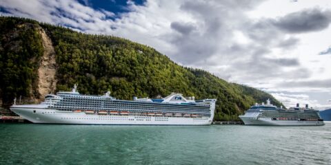 Look From Departing Ferry At Big Cruisers In The Harbor In Skagway, AK