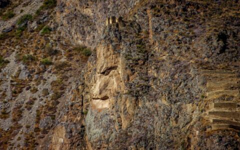 “Old Face” Rock Formation Near Archaeological Site Ollantaytambo Fortress in the Sacred Valley,  Peru