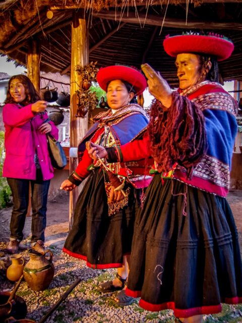 Quechua women hand spinning wool, Chinchero, Sacred Valley, Peru