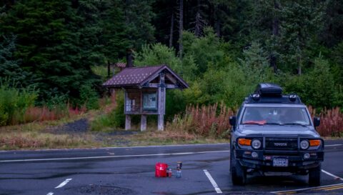 Rainy Morning Coffee At Divide Iditarod Trailhead On Kenai Peninsula, Seward, AK