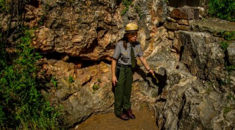 Ranger Explains Original Entrance To Wind Cave, Wind Cave National Park, SD