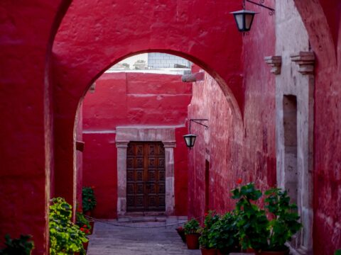 Red Painted Walls Inside Monasterio de Santa Catalina, Arequipa, Peru