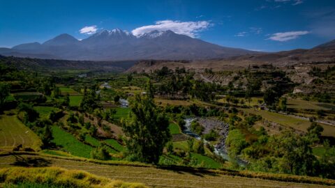 Rio Chili And Chachani Volcano, Arequipa, Peru