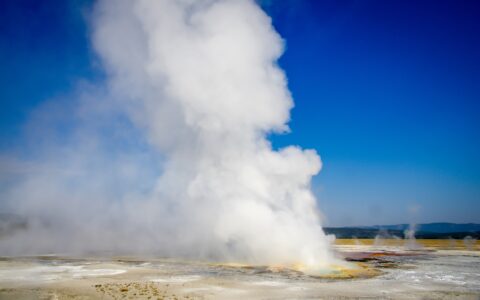 Spectacular Geyser Eruption On Cold Sunny Day In September, Yellowstone National Park, WY