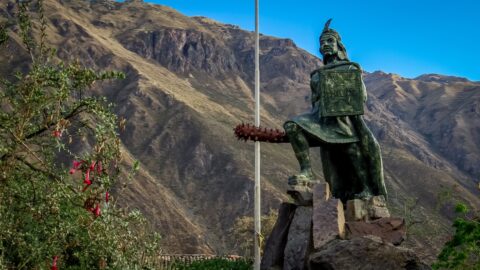 Statue of Great Warrior Ollanta In Small Town  Ollantaytambo in the Sacred Valley,  Peru