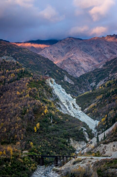 Sunrise Near Dry Waterfall And Railway Bridge, Denali National Park, AK