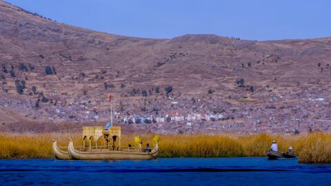 Tourist Boat And Fishing Boat Near Puno, Lake Titicaca, Peru