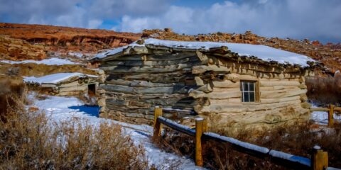 Wolfe Ranch Cabins Under Snow In Arches National Park, Moab, UT