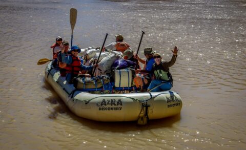 Friendly Rafters Down Colorado River Leaving  Whitmore Canyon, Grand Canyon North Rim, AZ